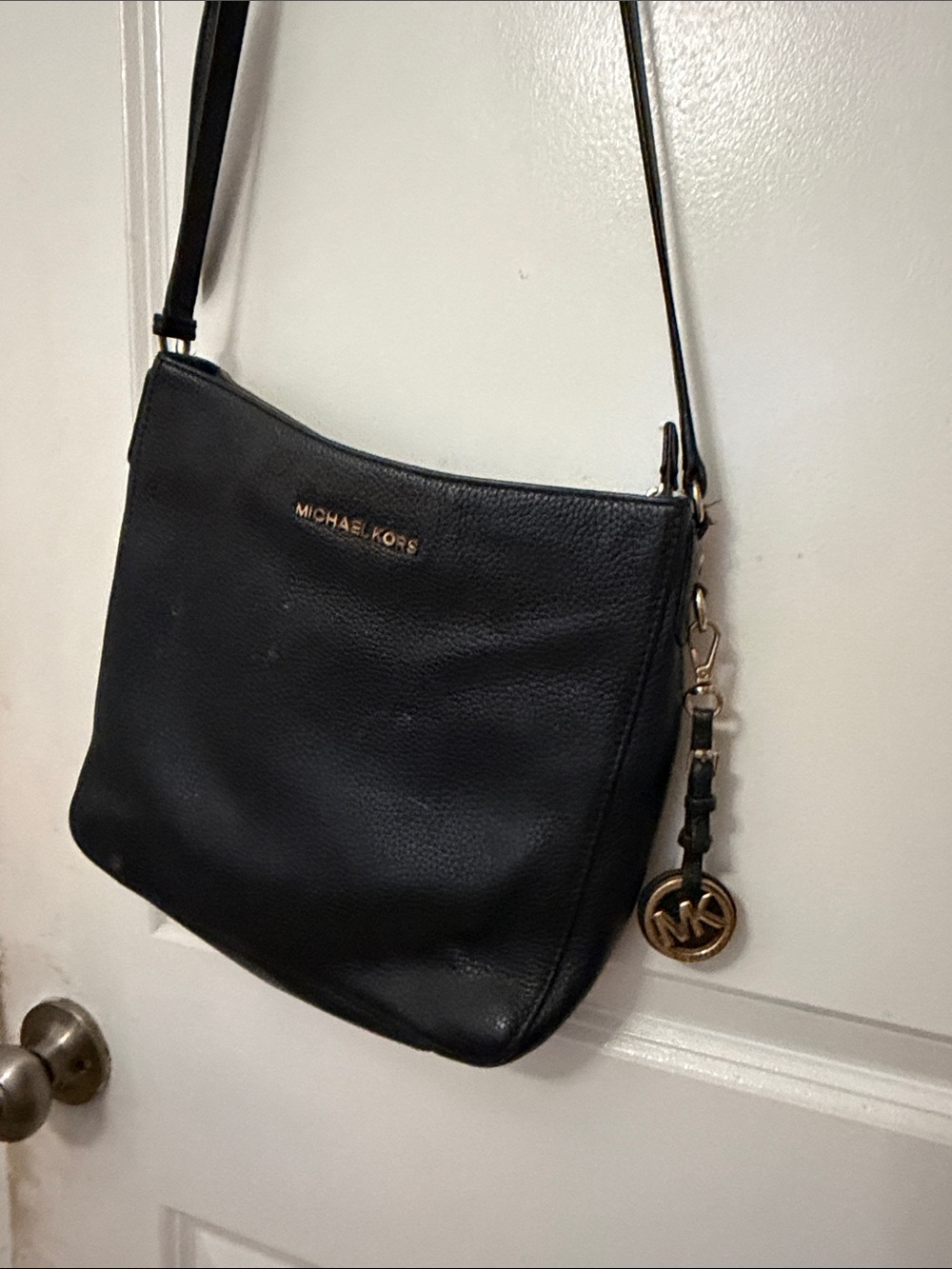 Michael Kors Black Leather Pebbled Crossbody with Gold Logo Charm
